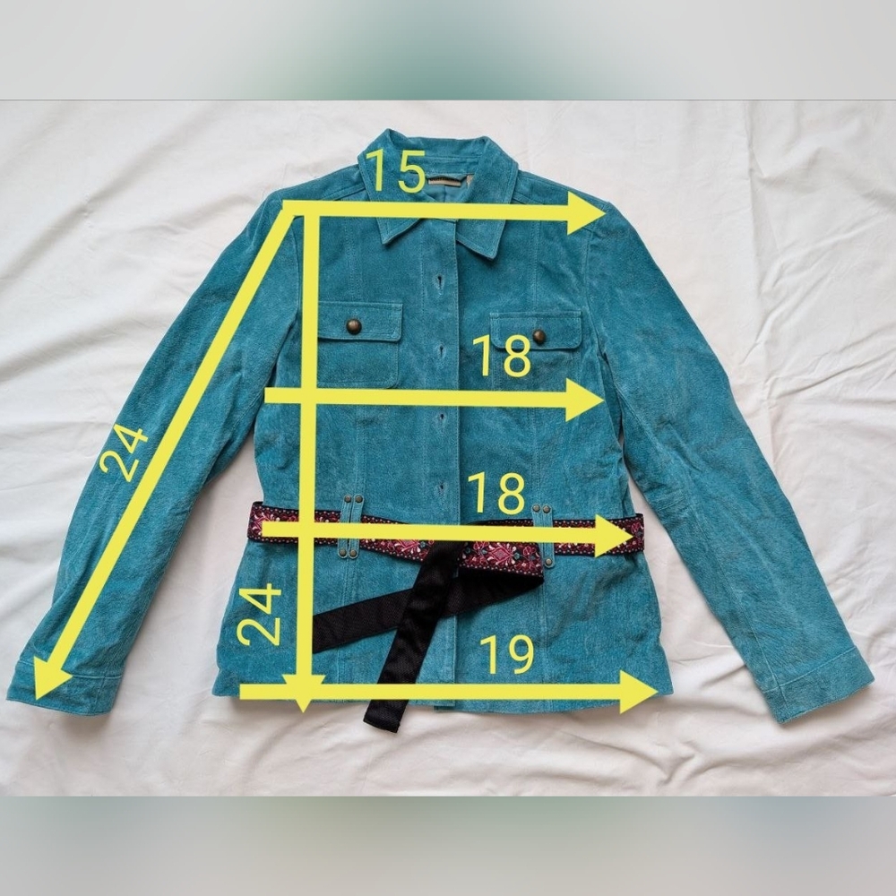 Ruff Hewn Suede Turquoise Utility Jacket with Patterned Belt Women's Size M - Picture 5 of 13